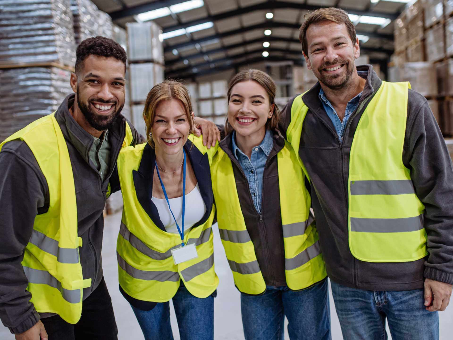 Vier junge Menschen, in der Mitte zwei Frauen, außen zwei Männer, stehen Arm in einer Lagerhalle. Einer der Männer hat eine dunklere Hautfarbe als die anderen. Sie alle tragen neongelbe Schutzwesten und lachen in die Kamera.